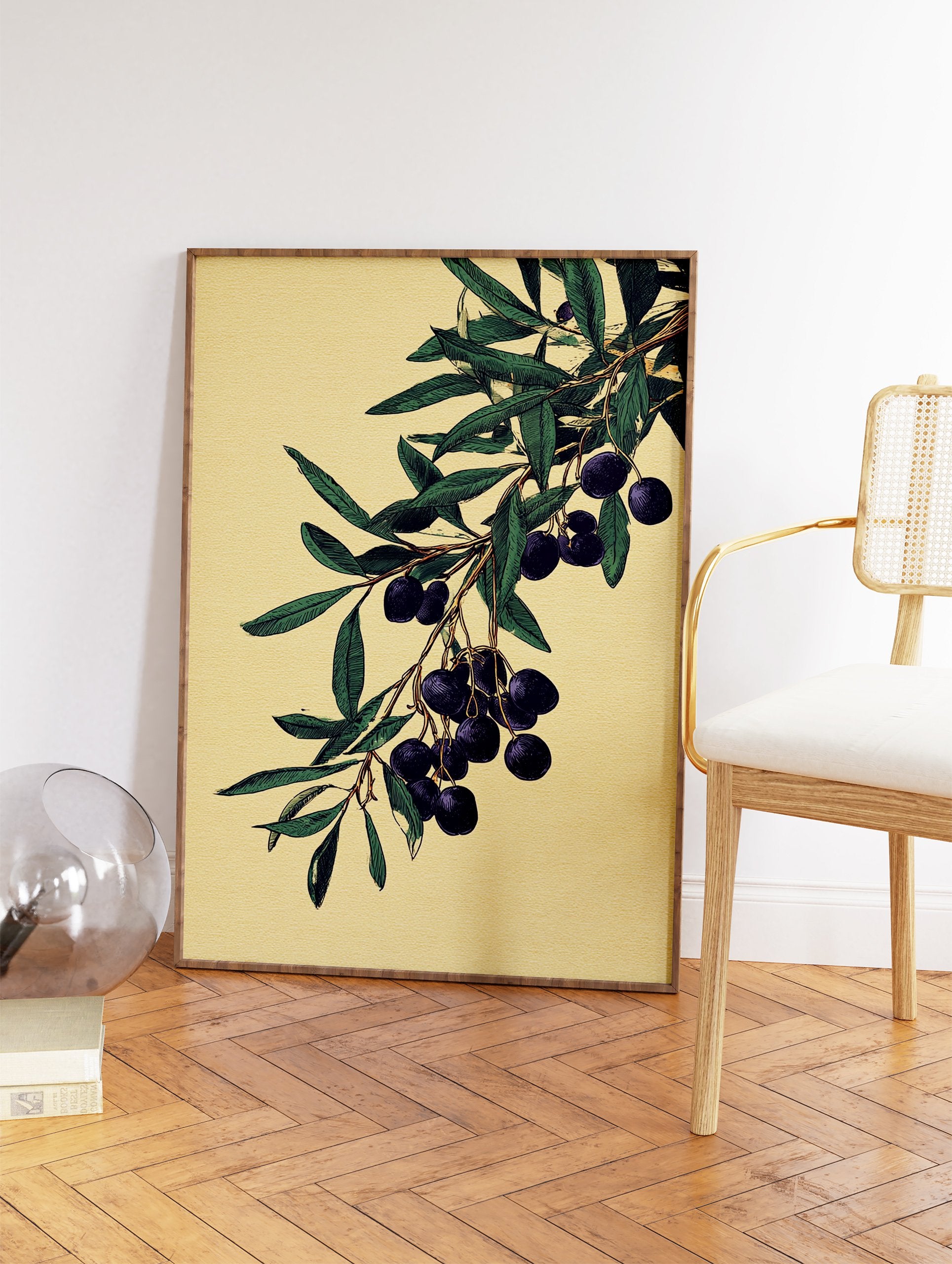 Botanical illustration of an olive branch with dark olives and green leaves on a textured light yellow background. - Image 2