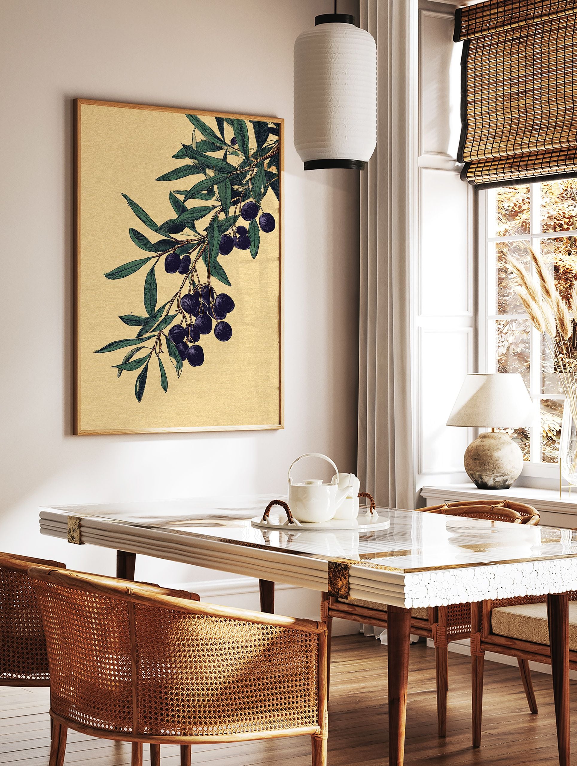 Botanical illustration of an olive branch with dark olives and green leaves on a textured light yellow background. - Image 3