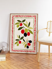 Olive Branch Wall Art print with green leaves, red and black olives, and a red and green decorative border on a cream background. - Image 2