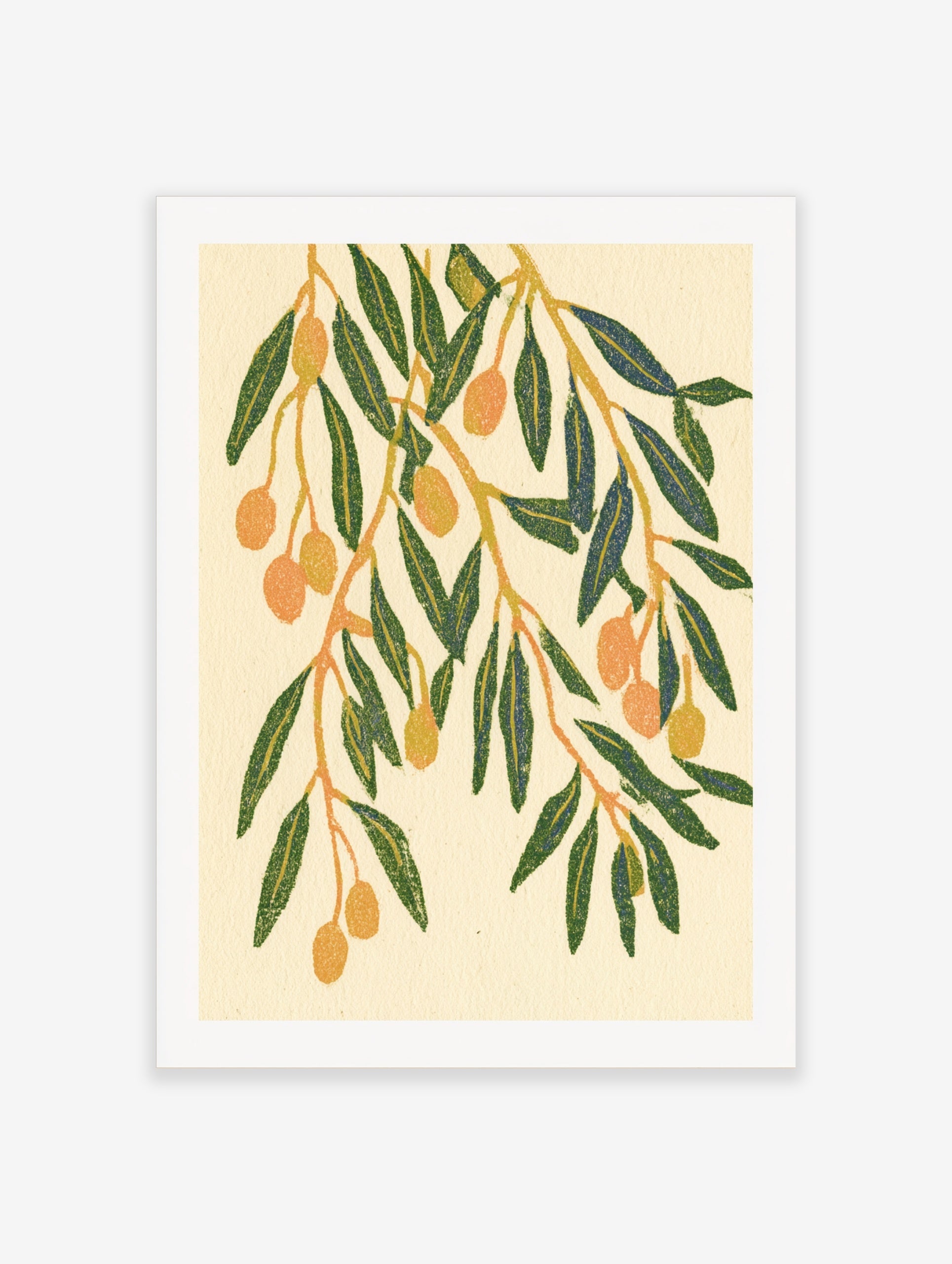 Olive branch botanical illustration with green leaves and orange olives on a cream background art print