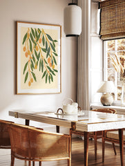 Olive branch botanical illustration with green leaves and orange olives on a cream background art, in a styled room mockup