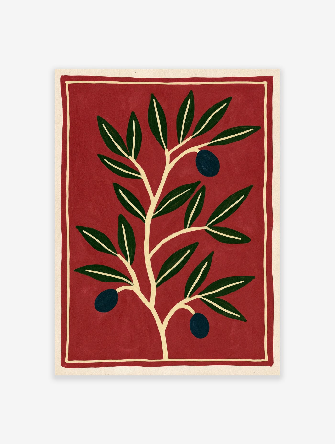 Botanical olive branch illustration with green leaves and dark olives on a bold red background, vertical art print