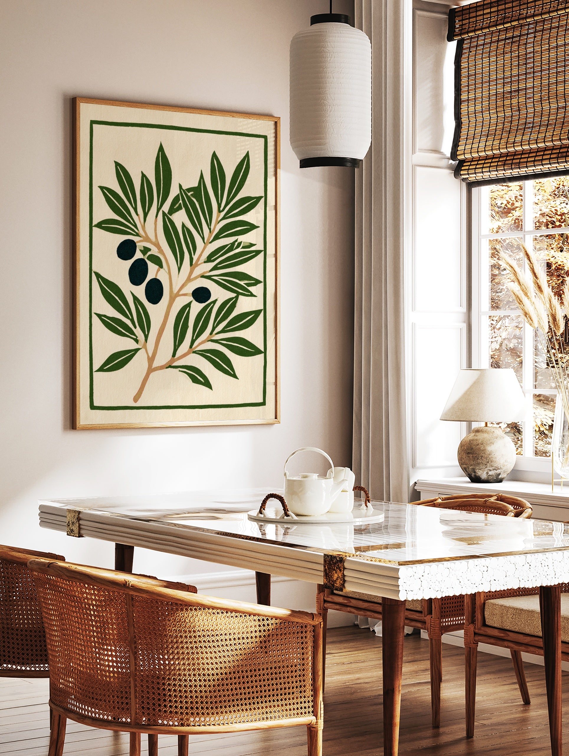 Olive branch botanical illustration with dark olives and green leaves on cream background, in a styled room mockup