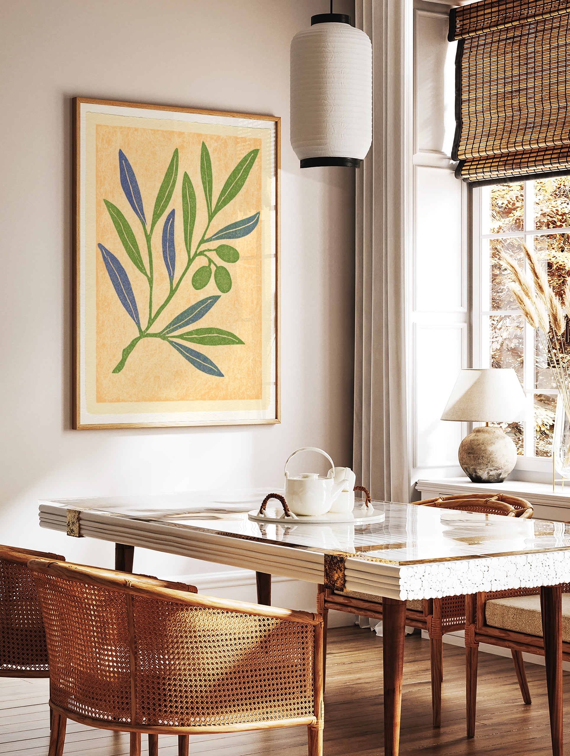Botanical olive branch illustration with green and blue leaves on a textured yellow background, in a styled room mockup