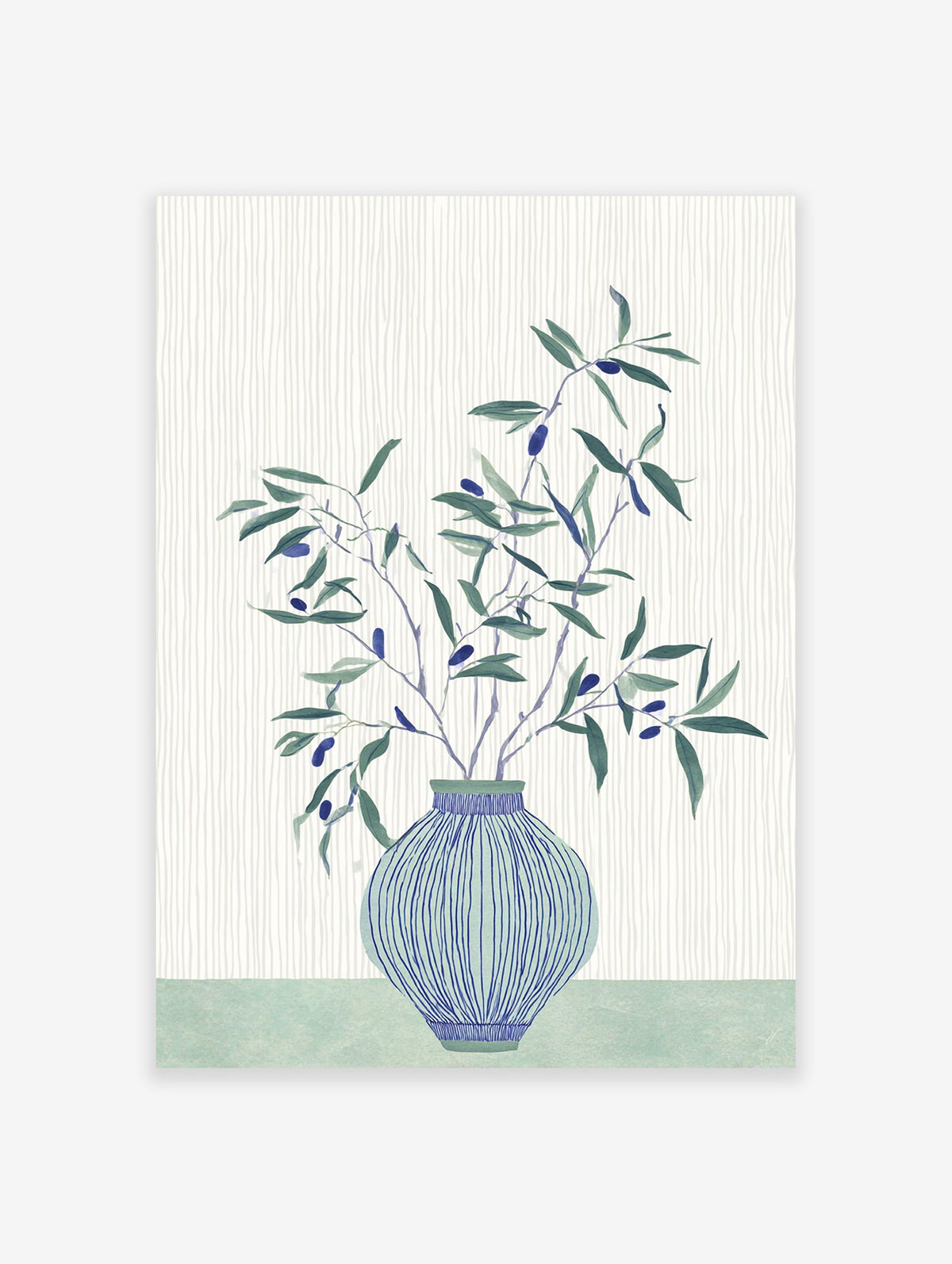 Olive Branch Wall Art featuring green leaves and blue olives in a blue striped vase on a light background