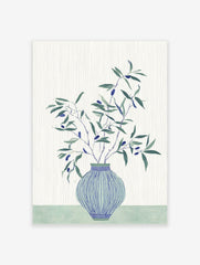 Olive Branch Wall Art featuring green leaves and blue olives in a blue striped vase on a light background