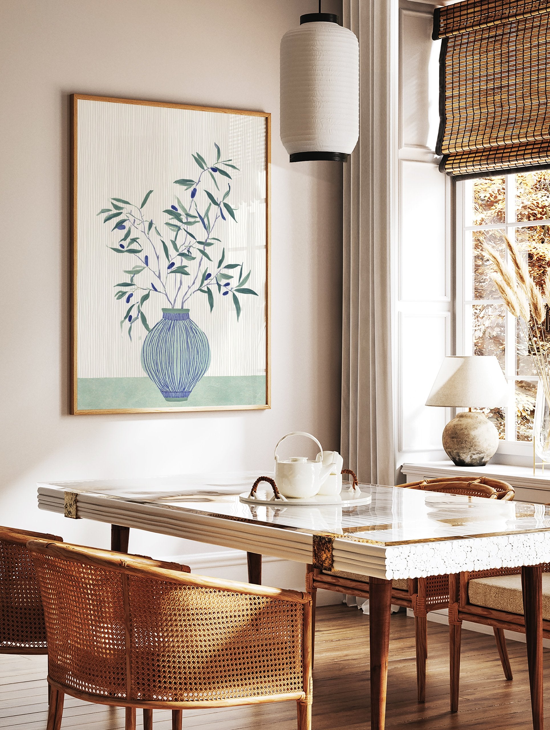 Olive Branch Wall Art featuring green leaves and blue olives in a blue striped vase on a light background - Image 2