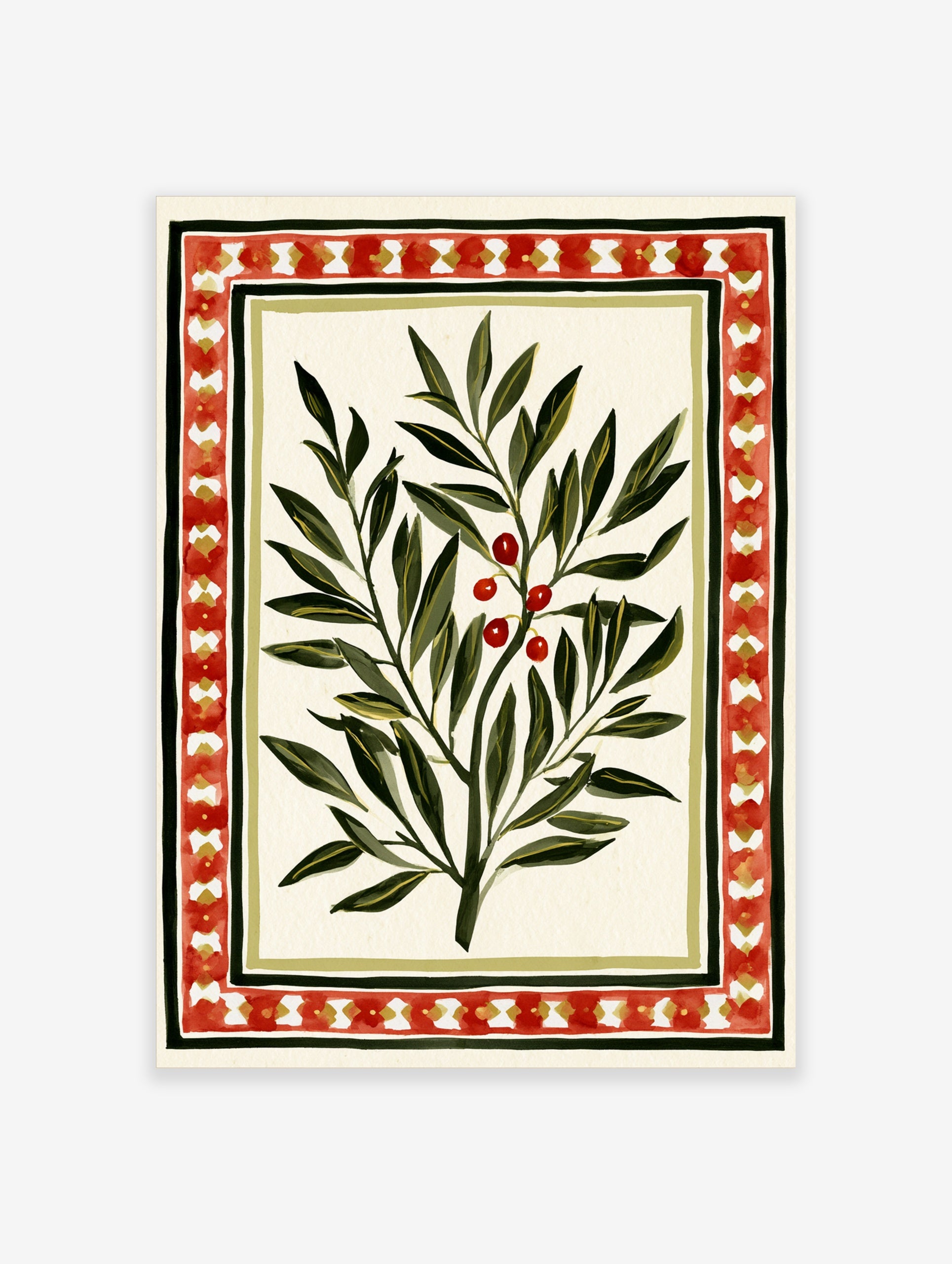Botanical olive branch illustration with red berries and a decorative geometric border on a cream background