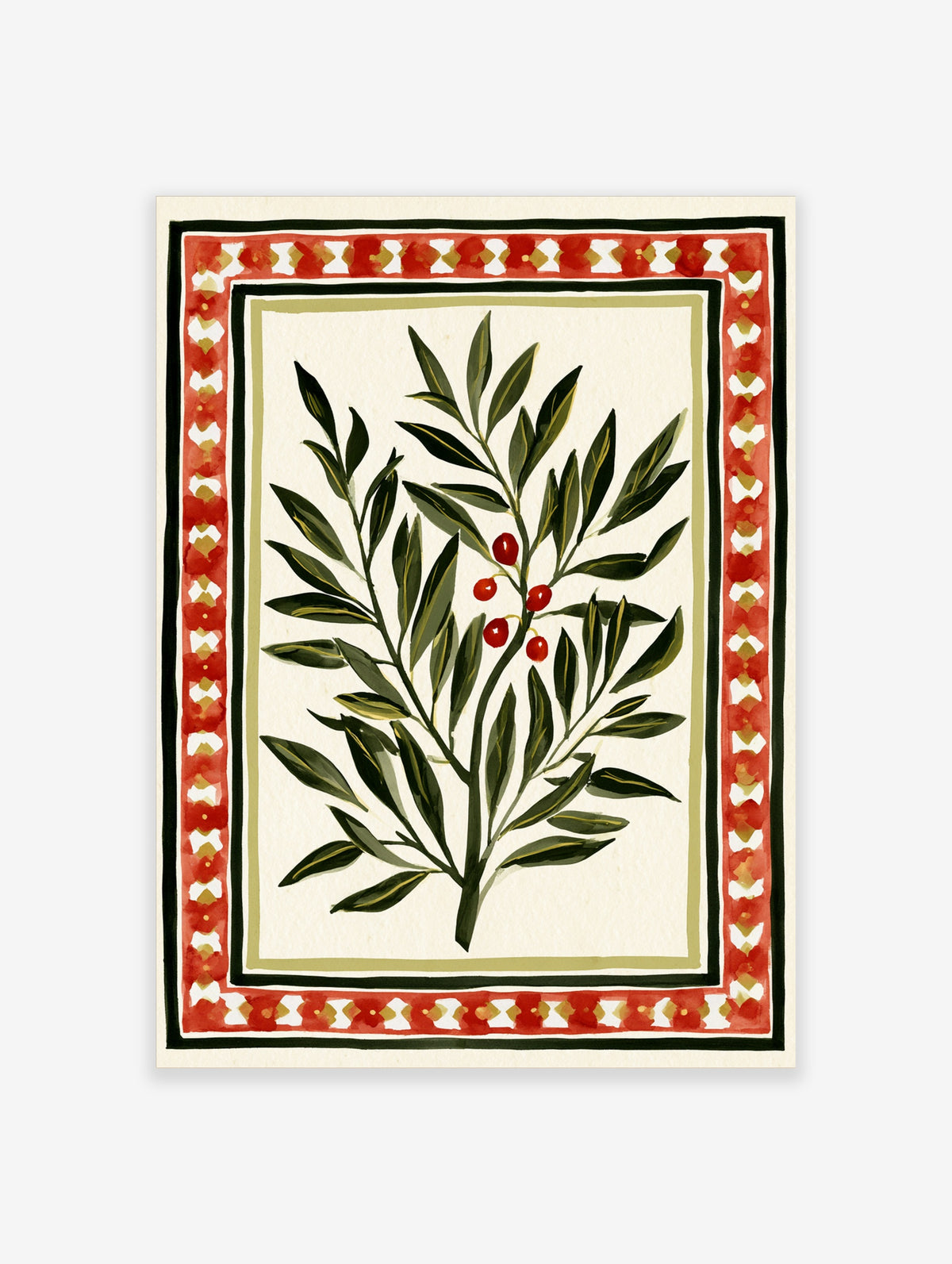 Botanical olive branch illustration with red berries and a decorative geometric border on a cream background
