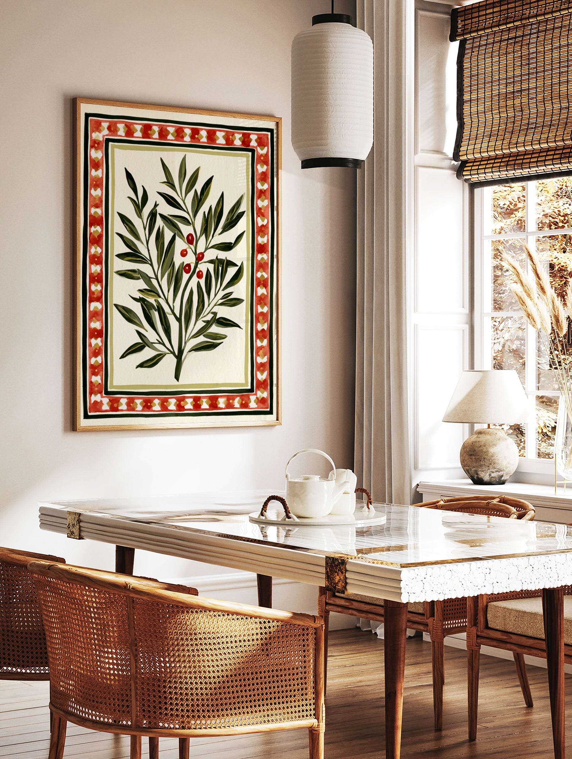 Botanical olive branch illustration with red berries and a decorative geometric border on a cream, in a styled room mockup