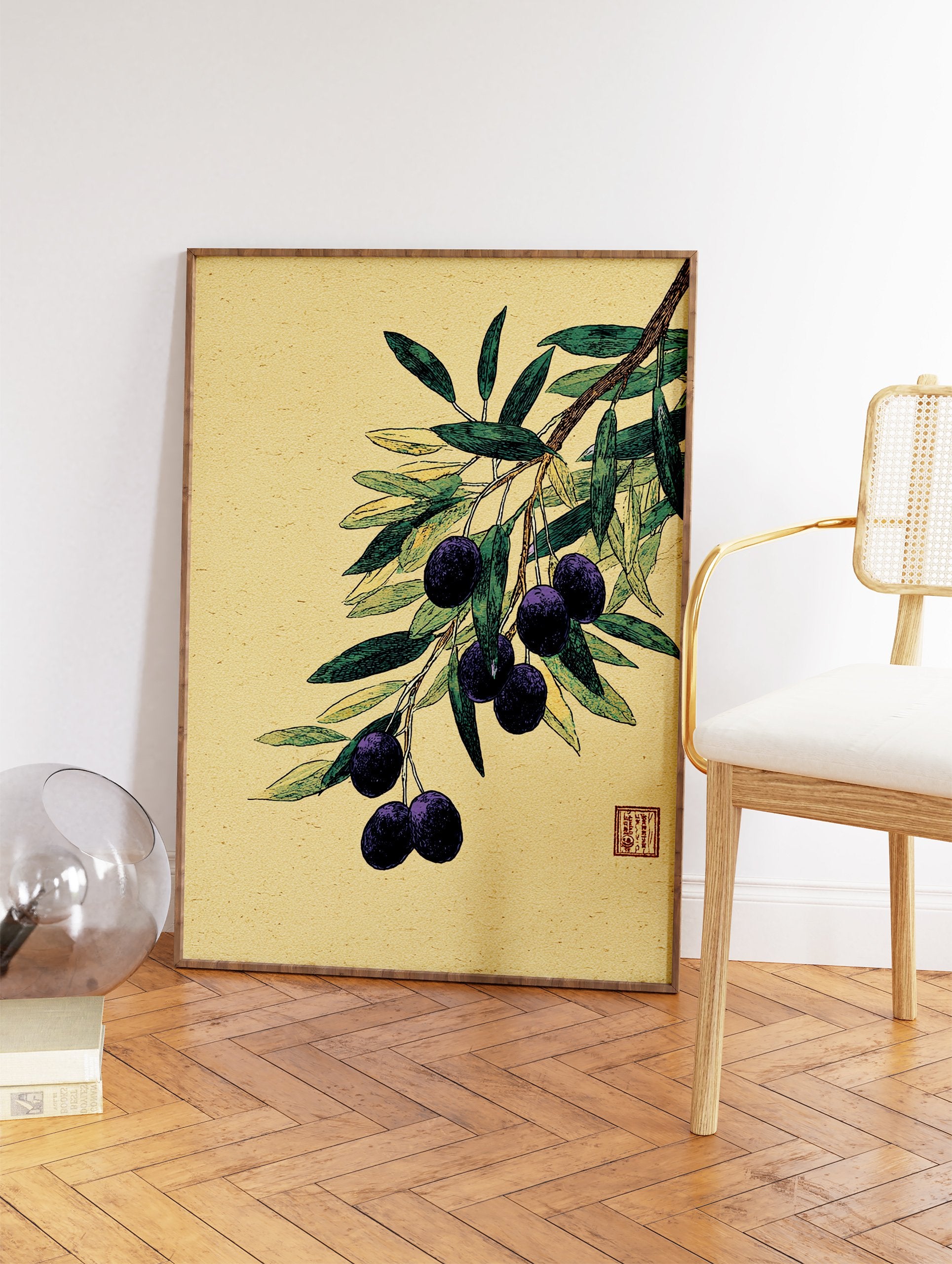 Botanical illustration of an olive branch with dark purple olives and green leaves on a textured yellow background. - Image 2