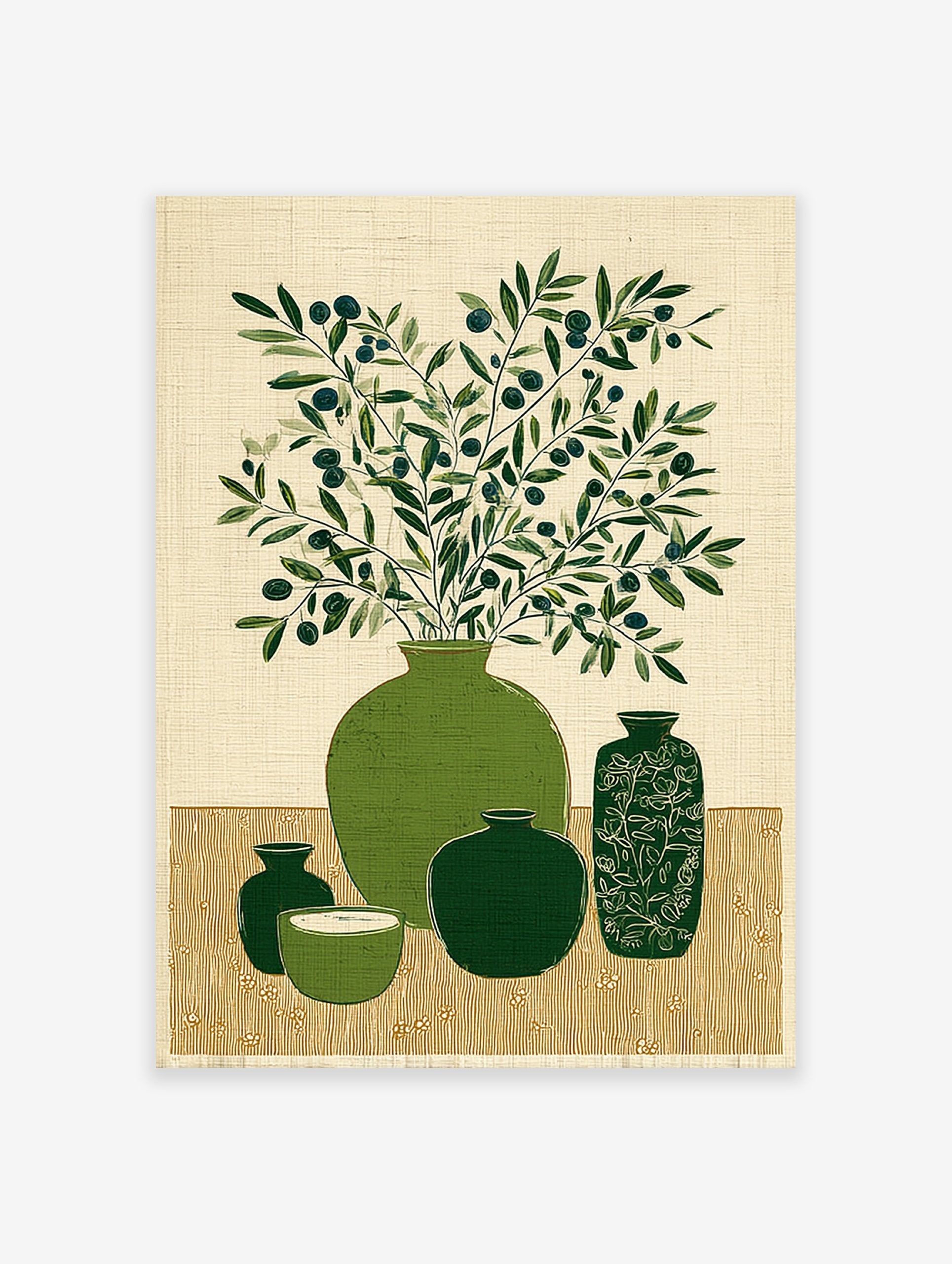 Illustration of green olive branches with dark olives in a large green vase, surrounded by other green ceramic pots.