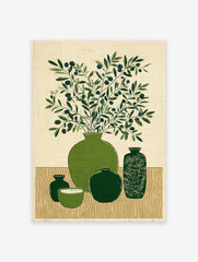 Illustration of green olive branches with dark olives in a large green vase, surrounded by other green ceramic pots.