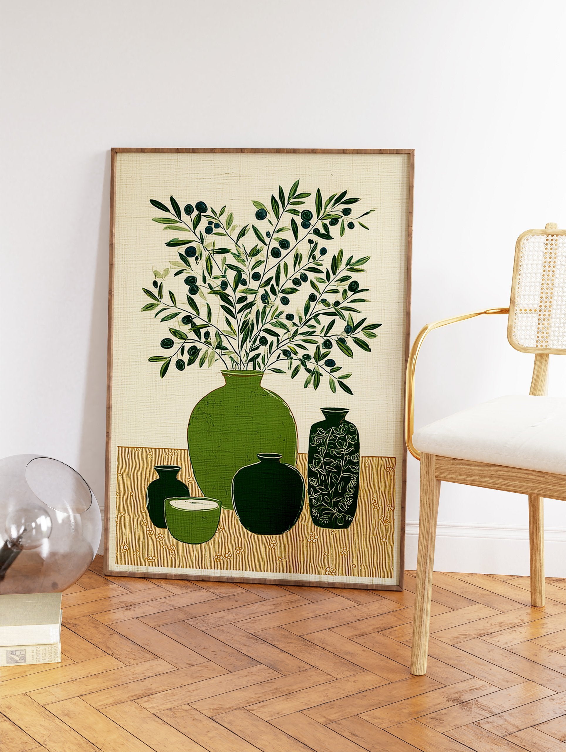 Illustration of green olive branches with dark olives in a large green vase, surrounded by other green ceramic pots. - Image 2
