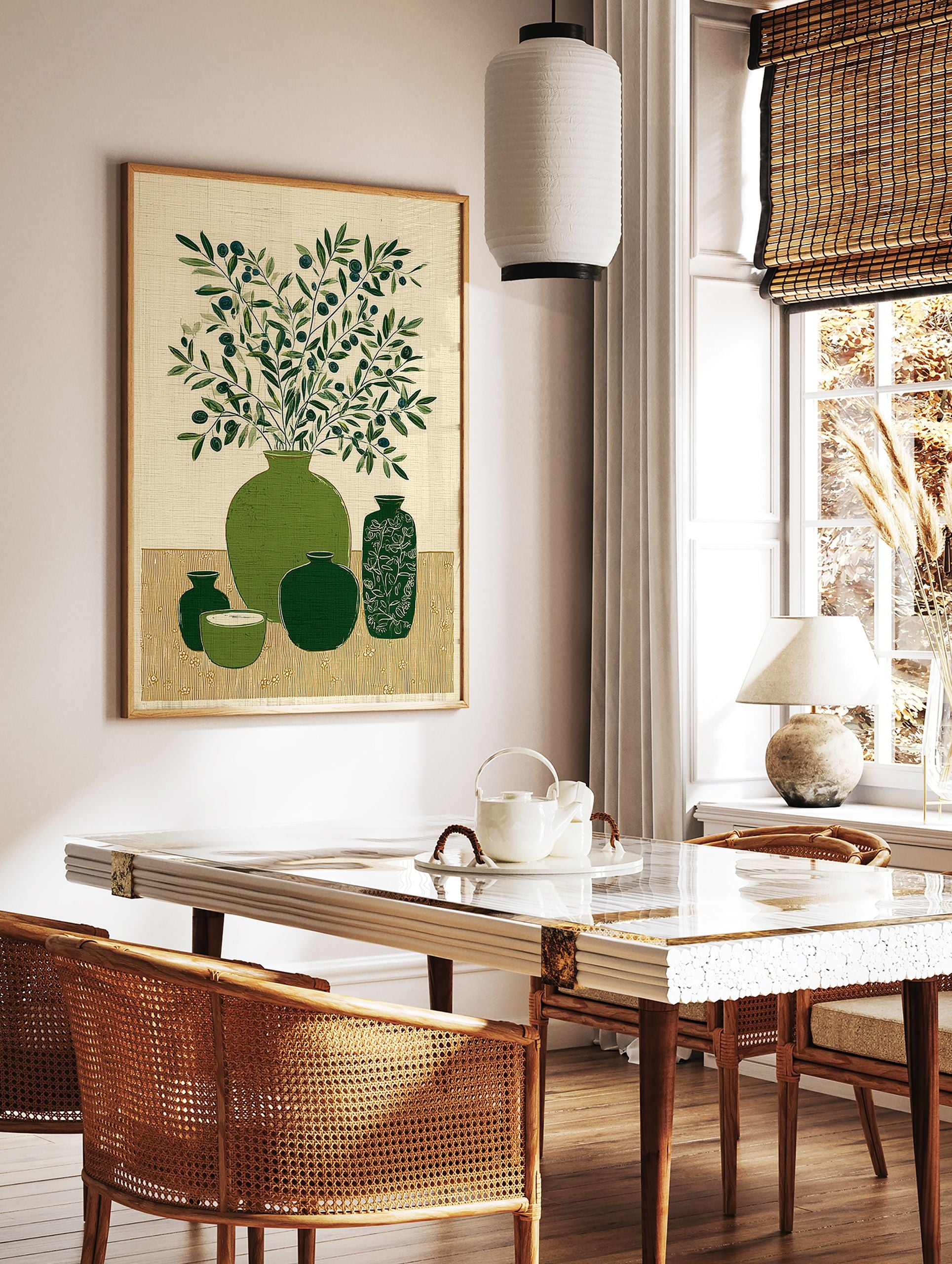 Illustration of green olive branches with dark olives in a large green vase, surrounded by other green ceramic pots. - Image 3