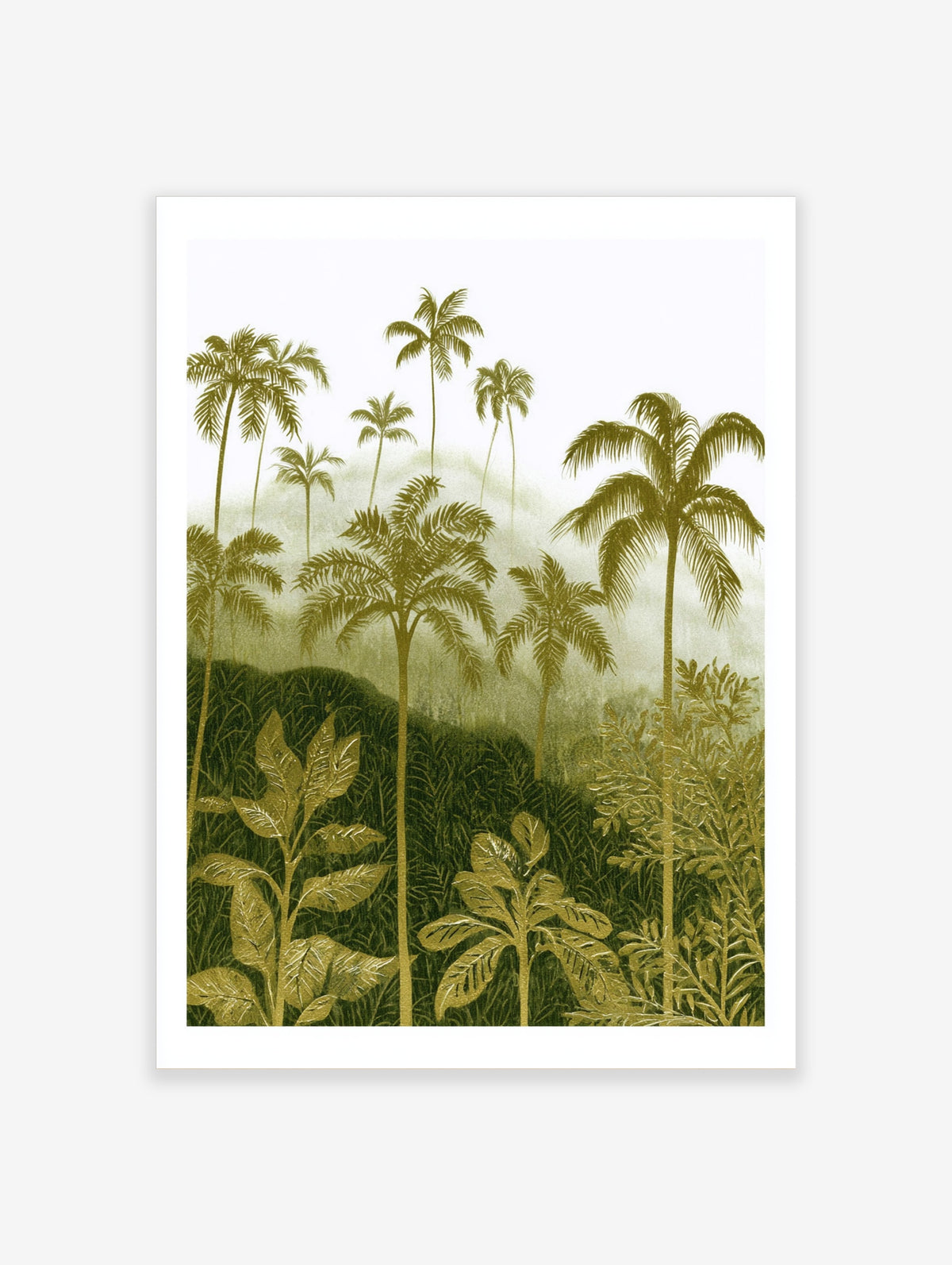 Olive green palm tree poster with layered jungle foliage and misty background