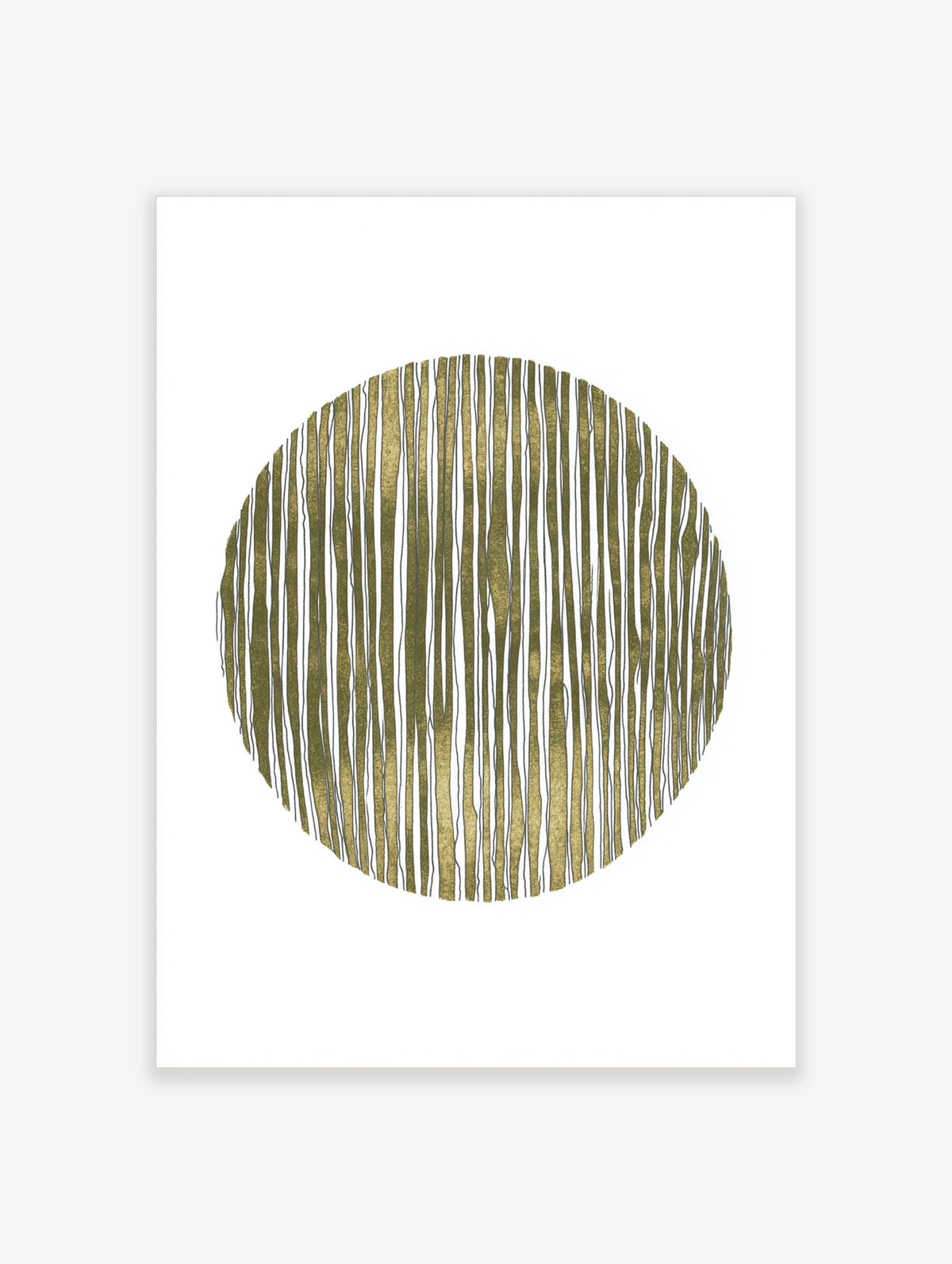 Olive green and white vertical stripe abstract pattern in a circle on a white background