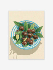 Illustrative olives wall art print with dark olives and green bay leaves in a blue and white striped bowl on a light background.