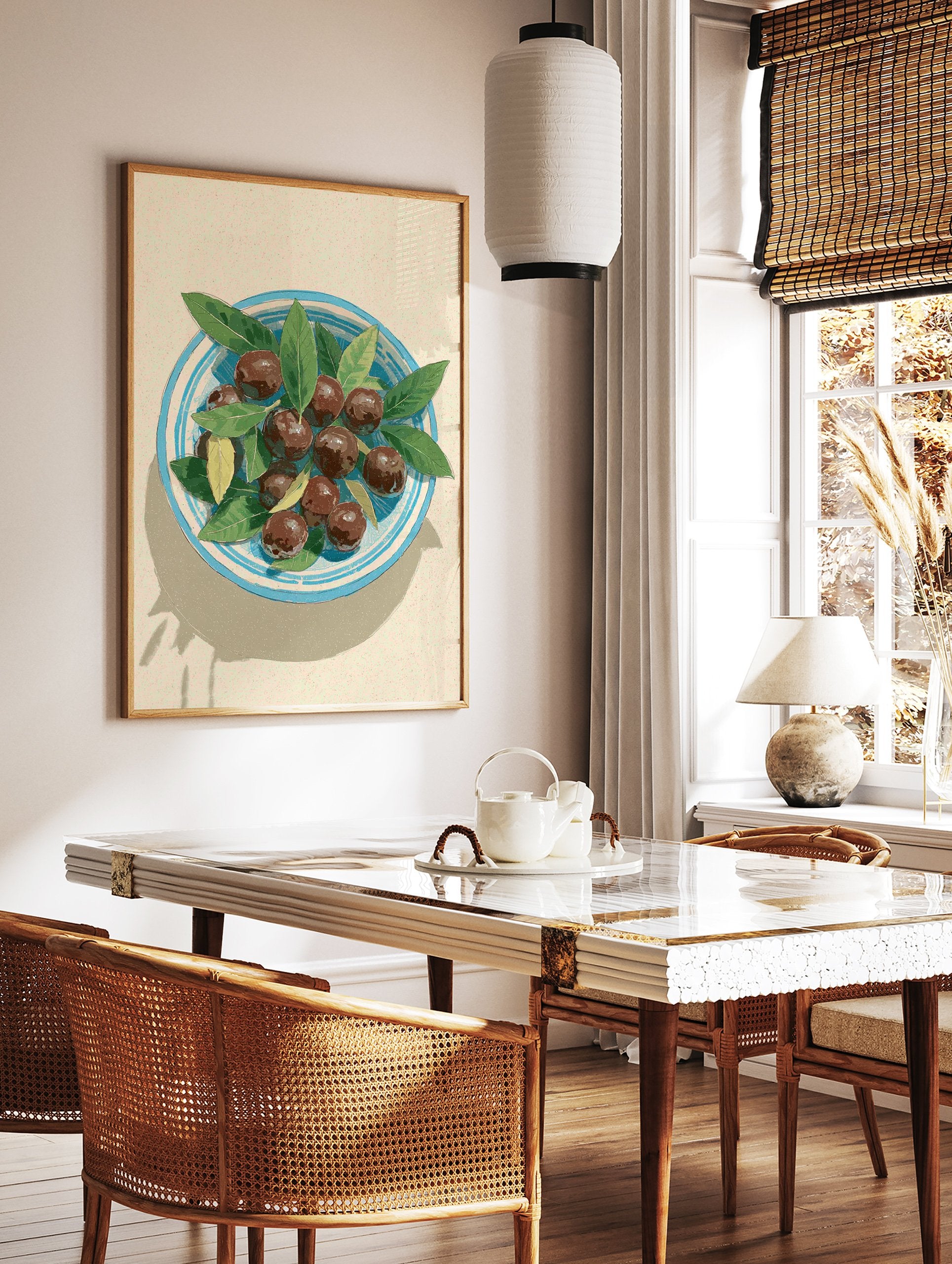 Illustrative olives wall art print with dark olives and green bay leaves in a blue and white striped bowl on a light background. - Image 2