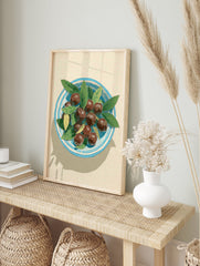 Illustrative olives wall art print with dark olives and green bay leaves in a blue and white striped bowl on a light background. - Image 3