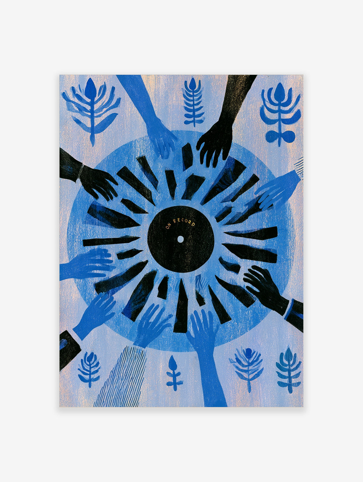 Graphic illustration of hands reaching toward a black vinyl record labelled ON RECORD on a blue background