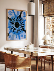 Graphic illustration of hands reaching toward a black vinyl record labelled ON RECORD on a blue, in a styled room mockup