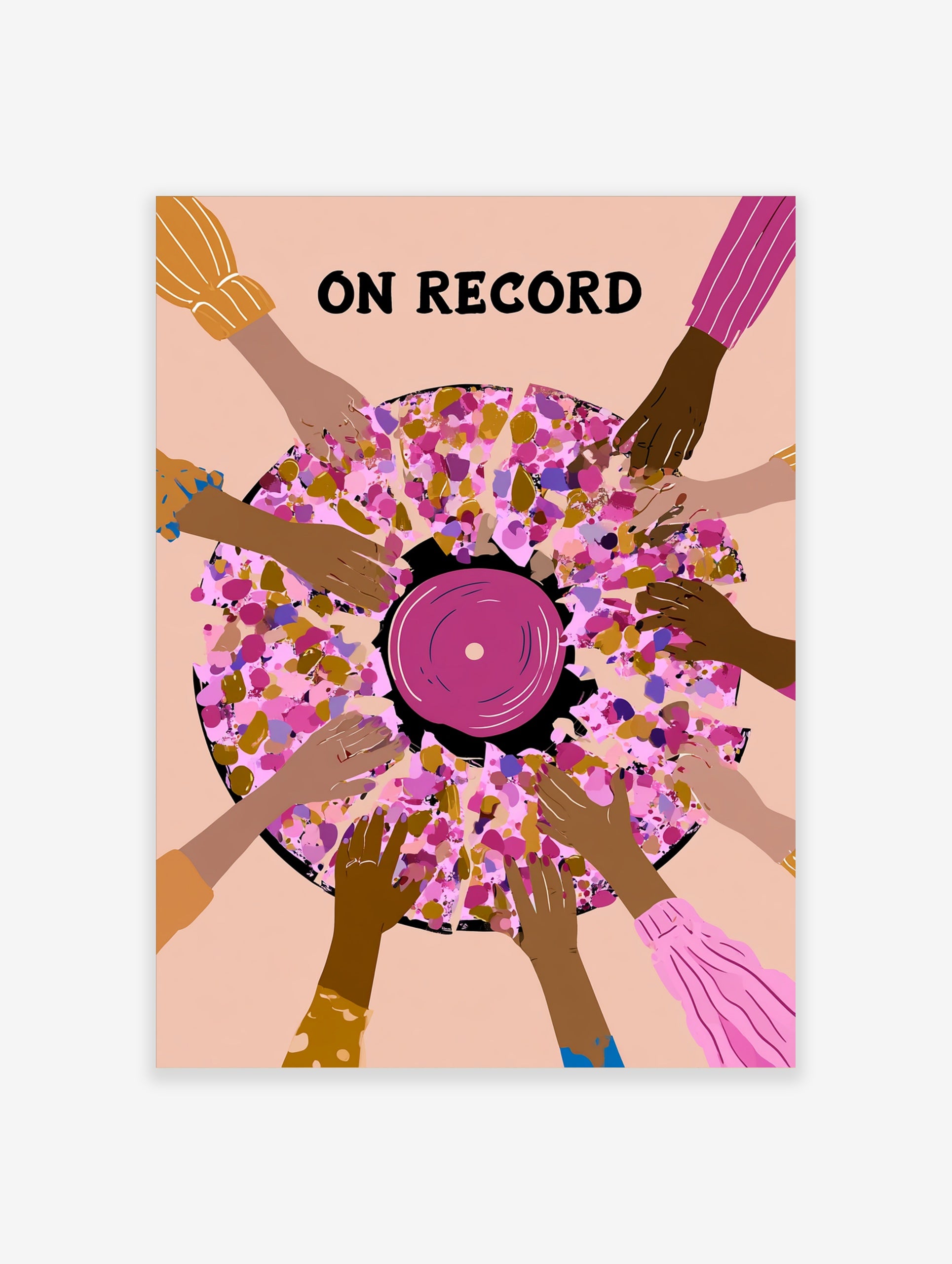 Illustrative wall art of a vinyl record surrounded by hands with ON RECORD text in pink, purple, and gold mosaic style