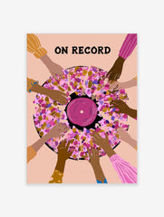 Illustrative wall art of a vinyl record surrounded by hands with ON RECORD text in pink, purple, and gold mosaic style