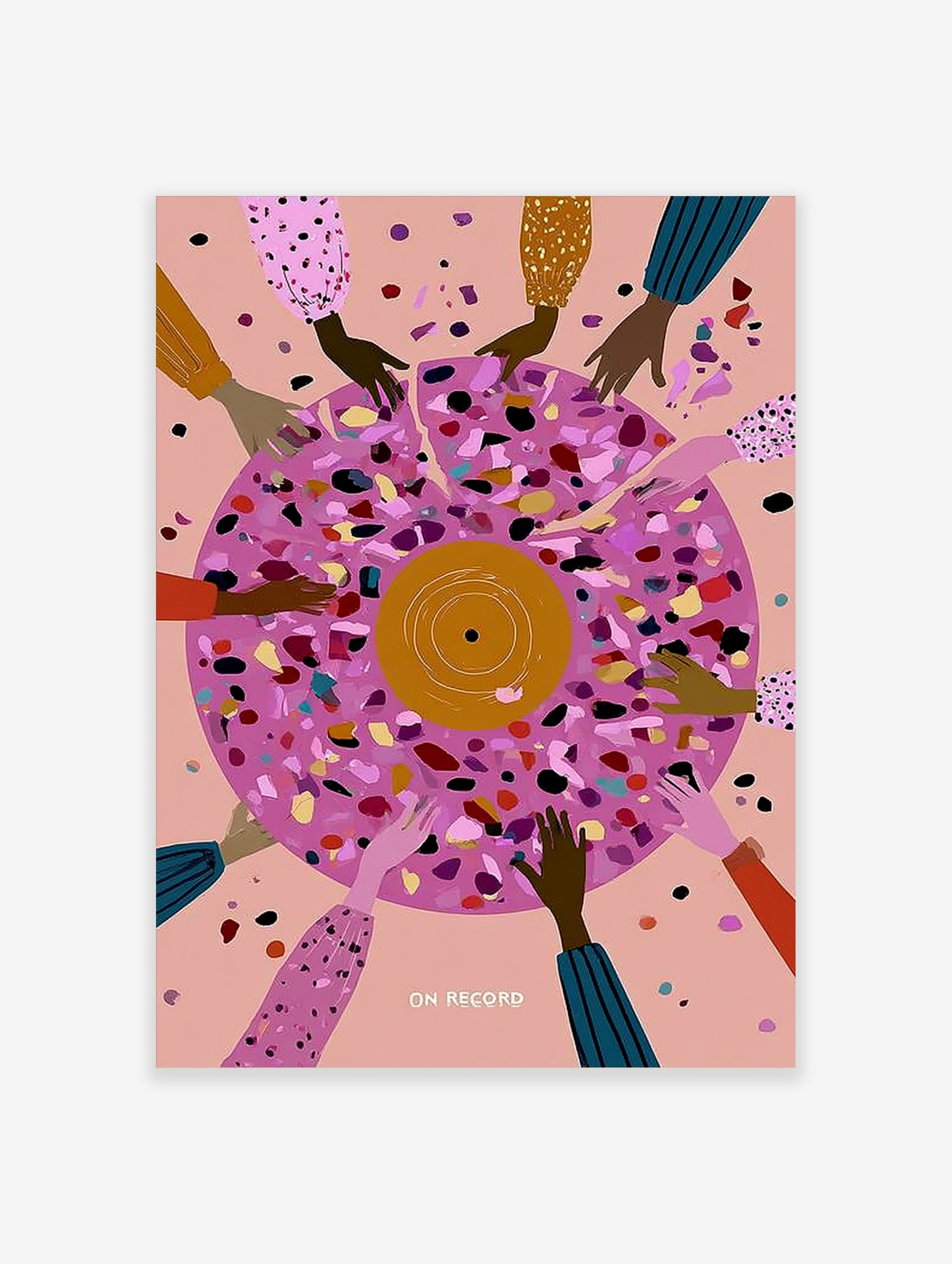 On Record abstract illustration with many hands holding a pink disc with multi-coloured confetti and music theme text