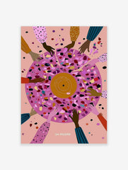 On Record abstract illustration with many hands holding a pink disc with multi-coloured confetti and music theme text