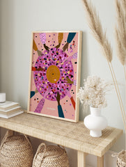 On Record abstract illustration with many hands holding a pink disc with multi-coloured, in an alternate framed mockup