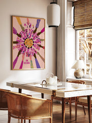 Illustrative art print of hands reaching towards a fragmented circle with text ON RECORD on a pink, in a styled room mockup
