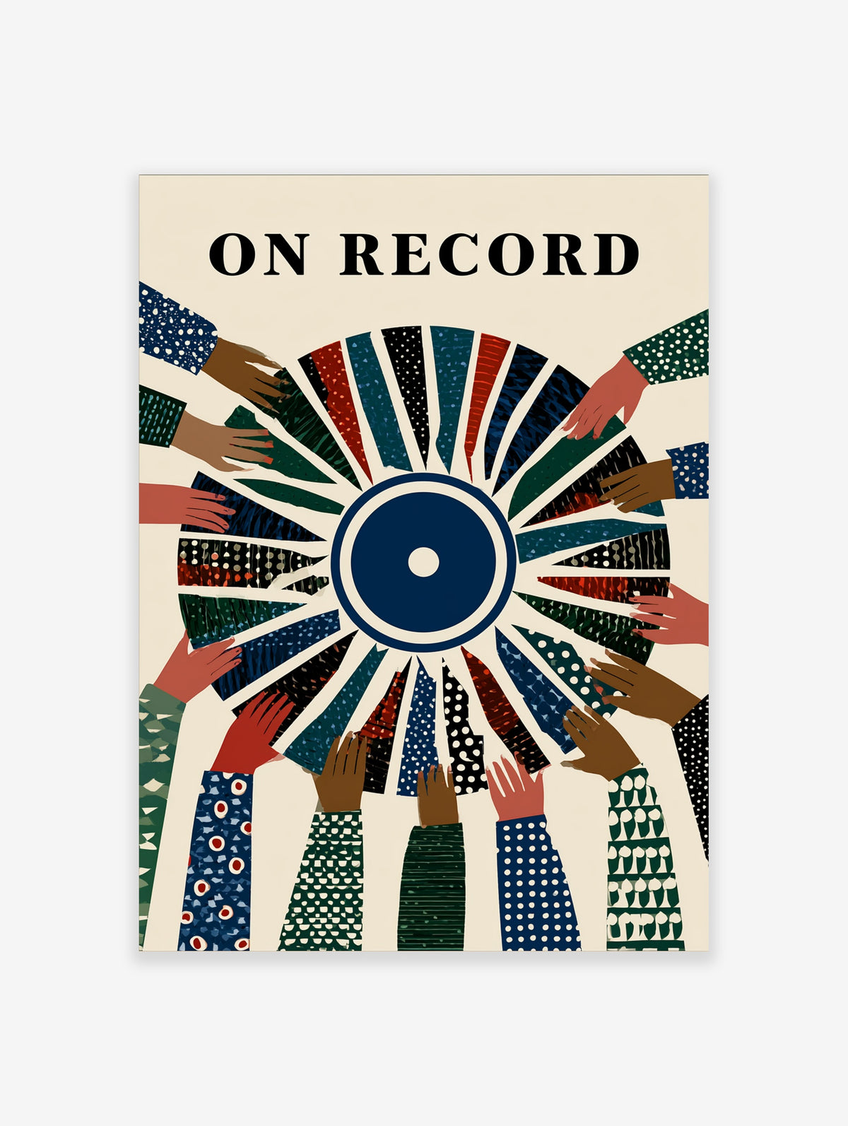 Illustrative On Record wall art featuring diverse hands holding a segmented vinyl record with colourful geometric patterns