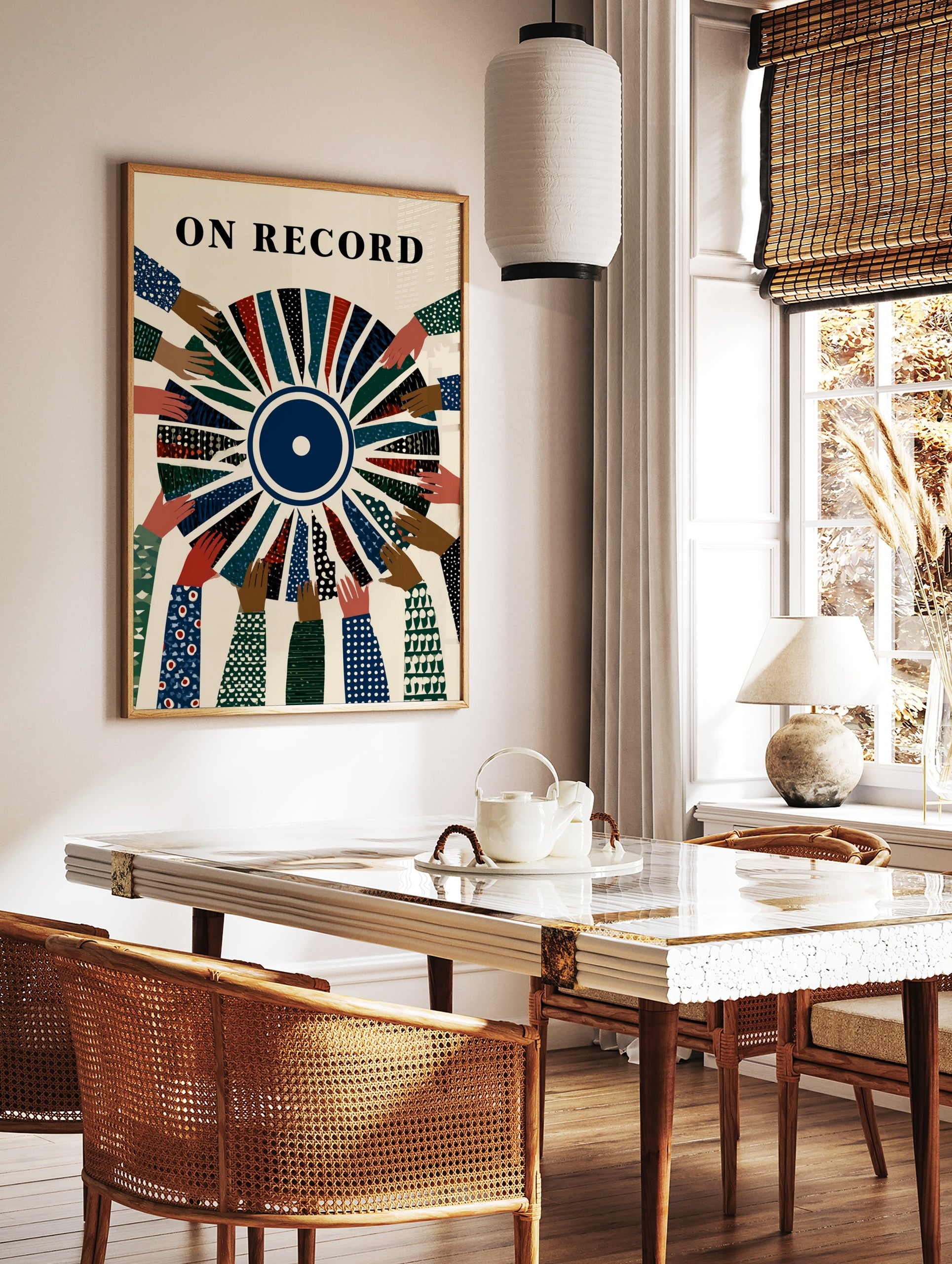 Illustrative On Record wall art featuring diverse hands holding a segmented vinyl record with, in a styled room mockup