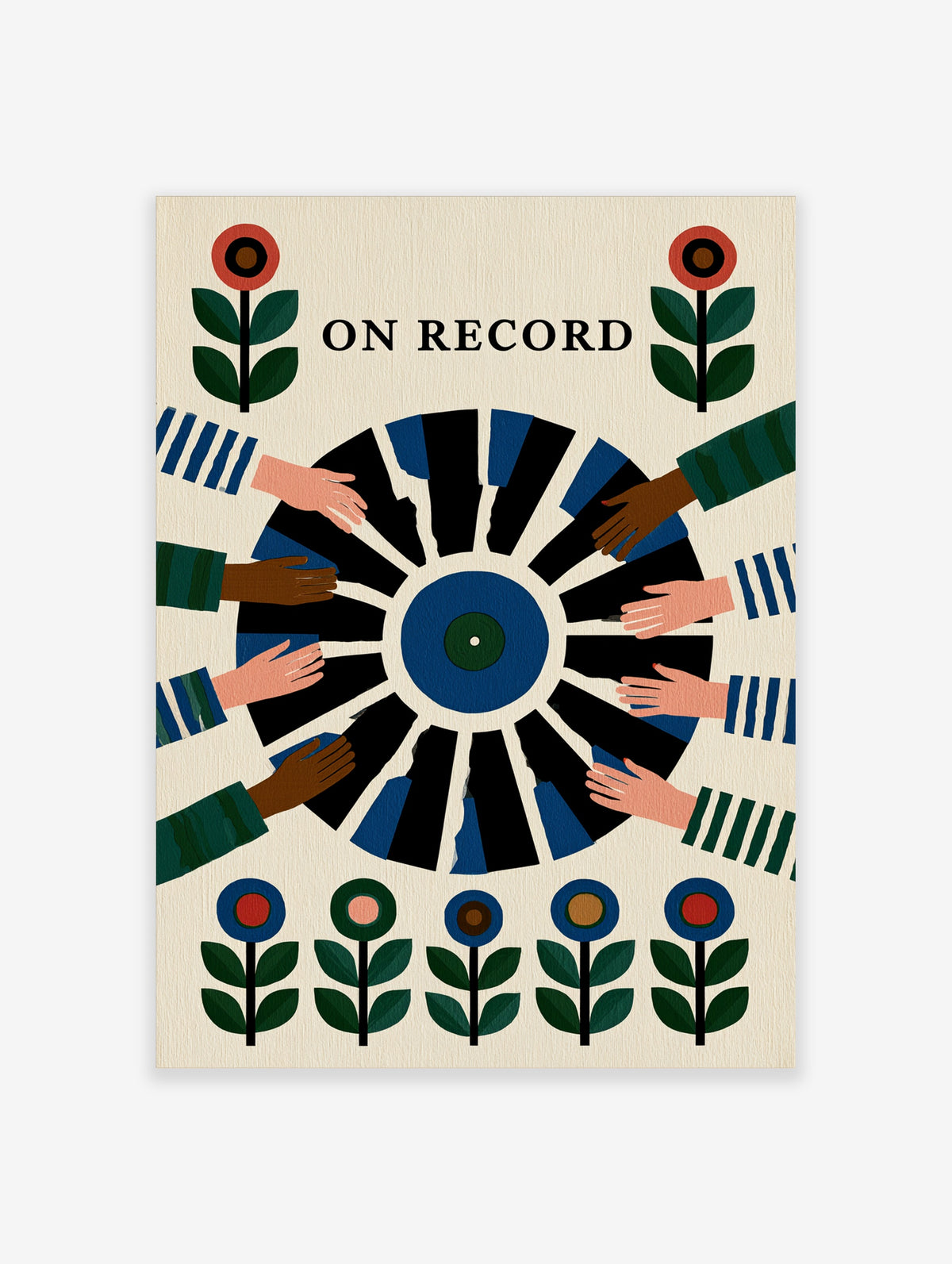 On Record wall art print showing a vinyl record held by multiple hands with floral motifs in a retro illustrative style