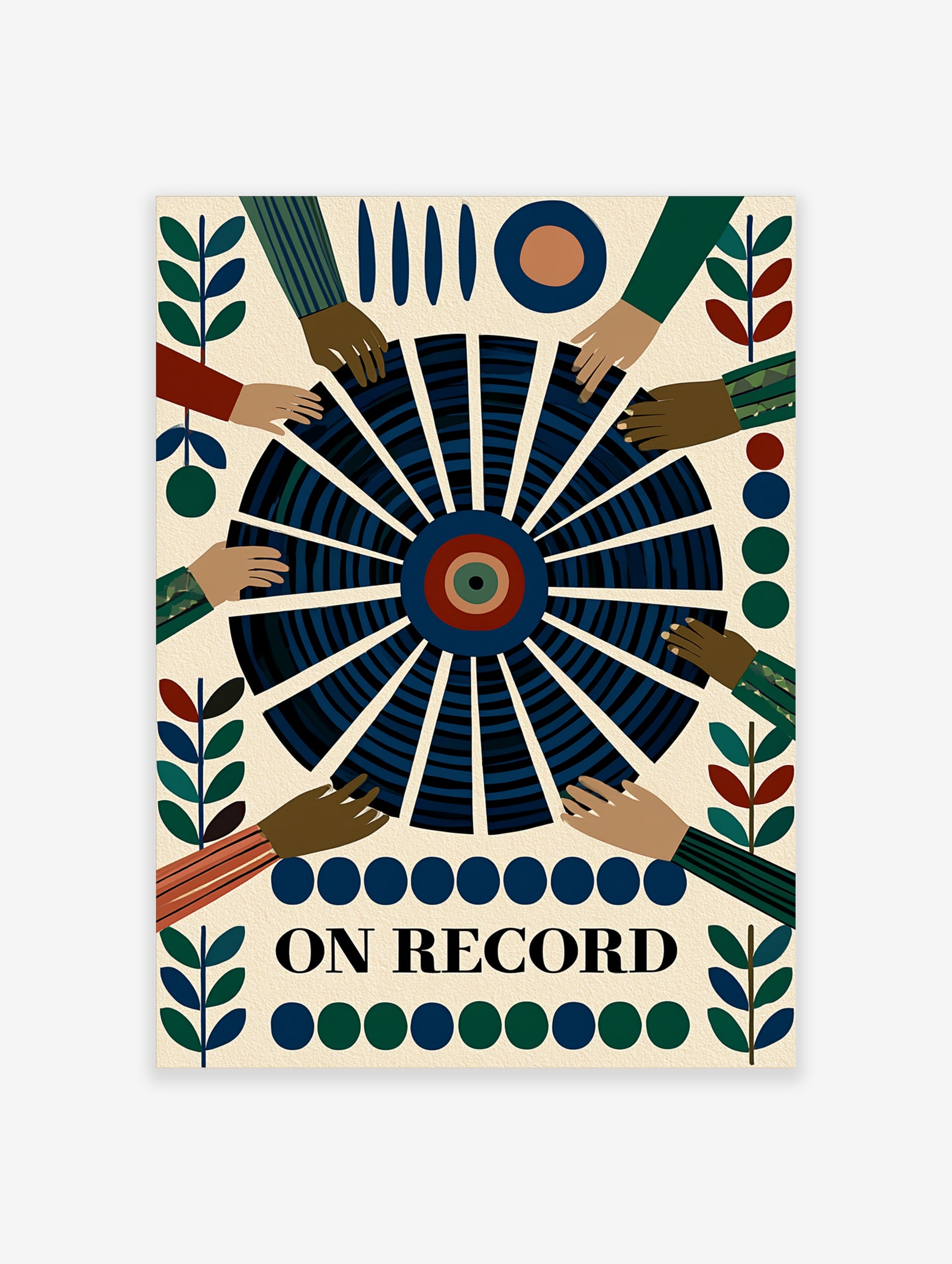 Graphic wall art print titled ON RECORD featuring a central vinyl record with reaching hands on a patterned background
