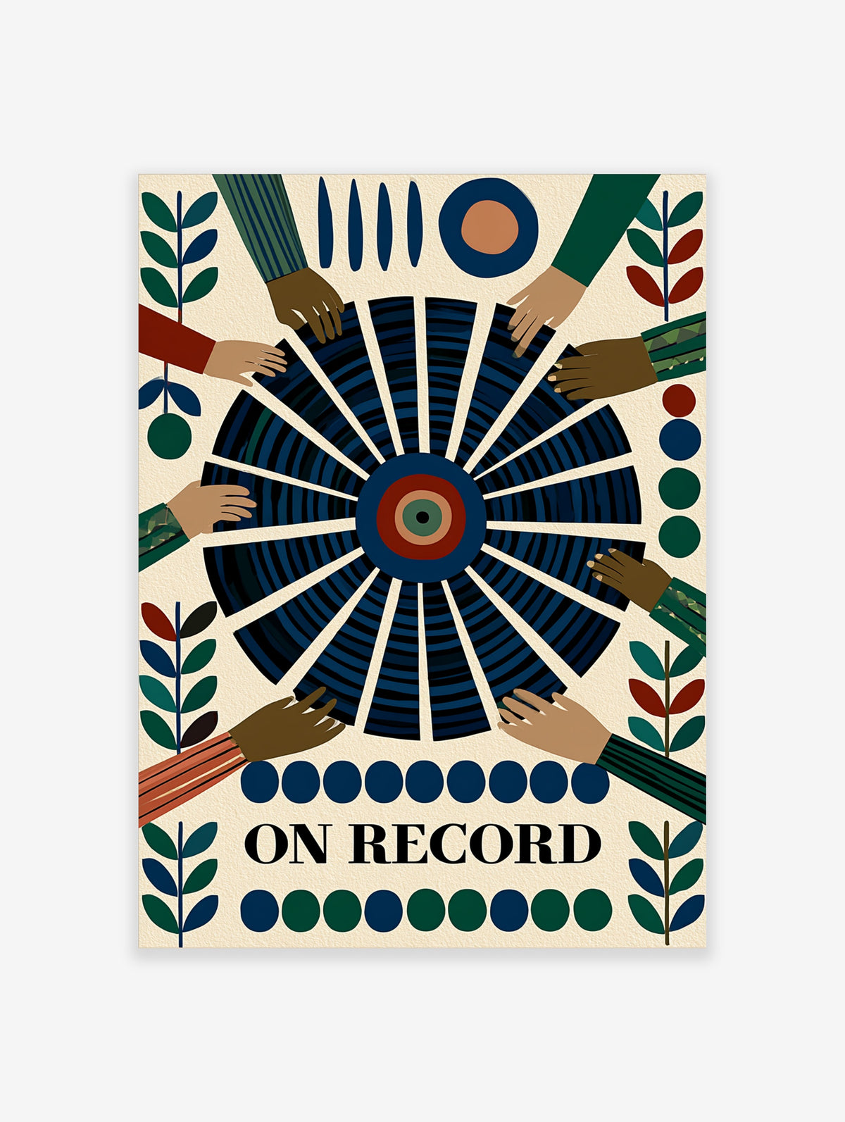 Graphic wall art print titled ON RECORD featuring a central vinyl record with reaching hands on a patterned background
