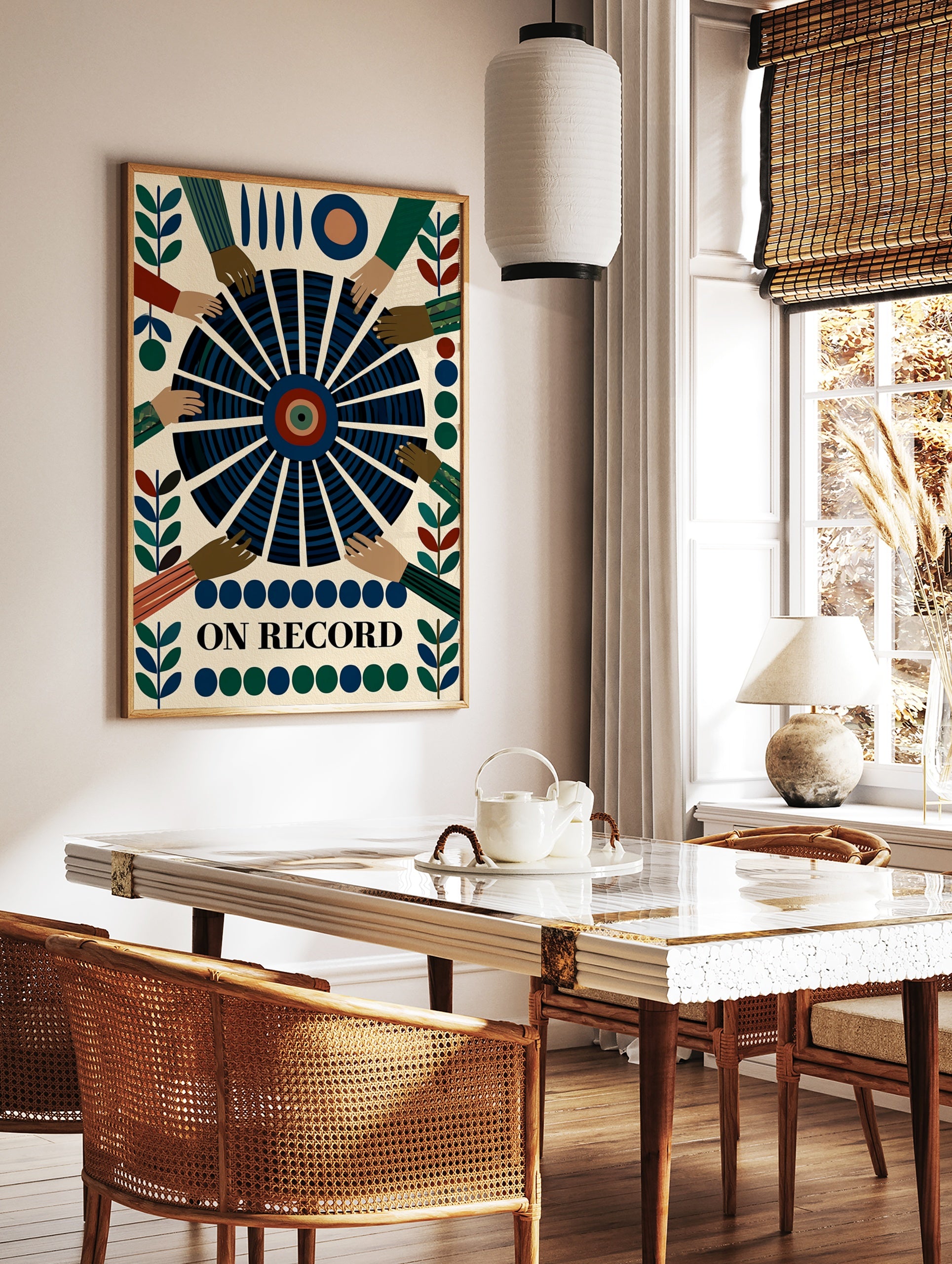 Graphic wall art print titled ON RECORD featuring a central vinyl record with reaching hands on a, in a styled room mockup