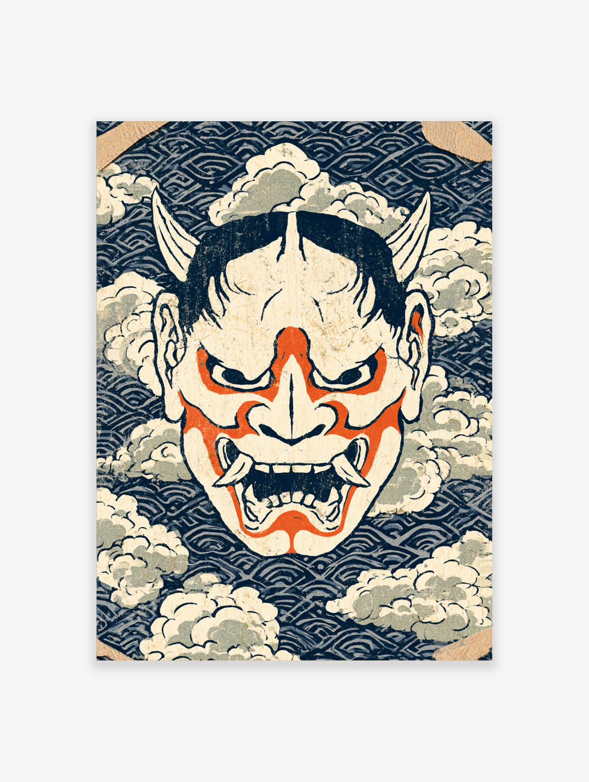 Oni demon mask poster with red face, horns, fangs, and indigo wave cloud background