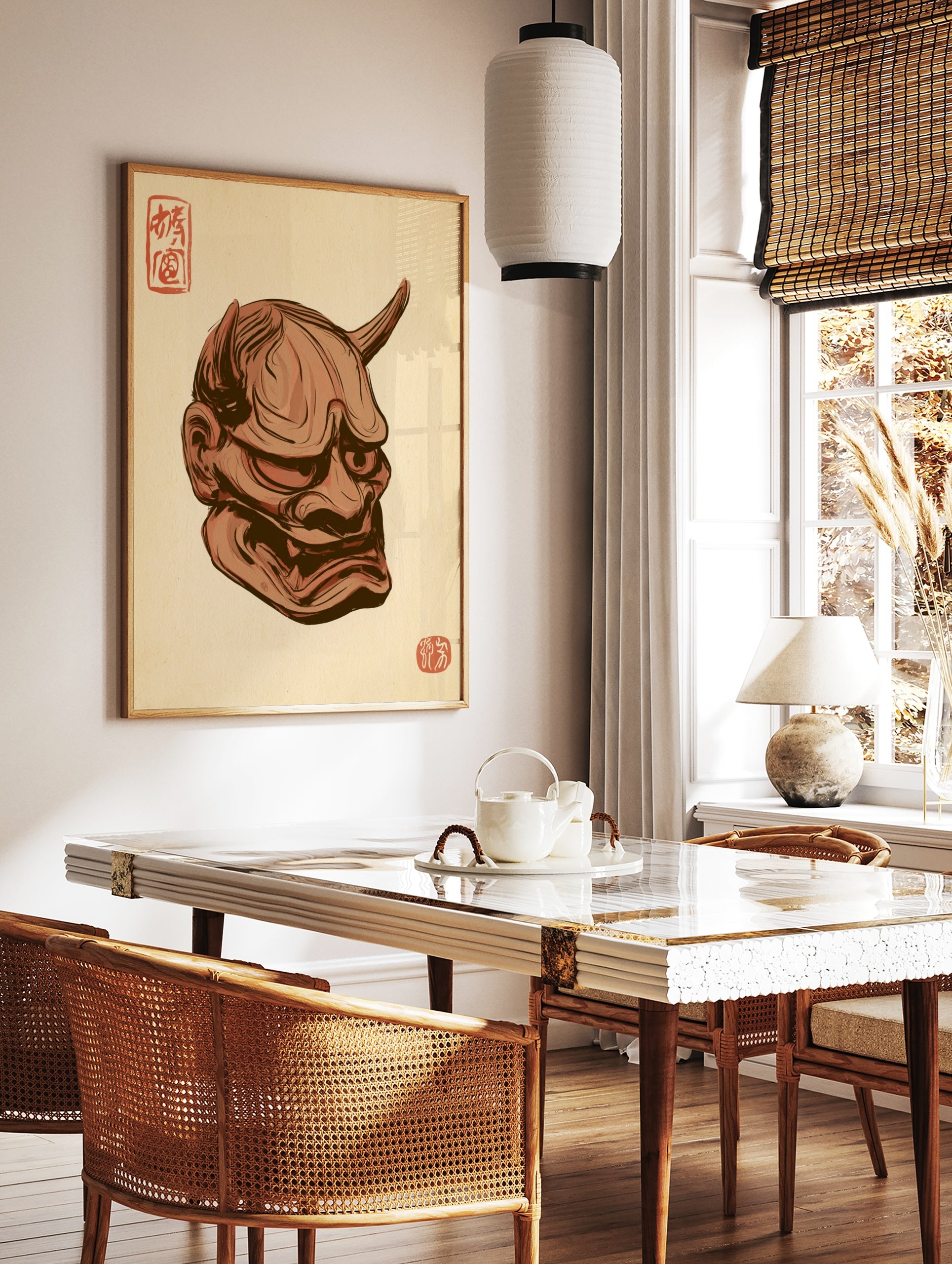 Japanese Oni mask illustration with horns, sharp teeth, and red kanji stamps on a tan background, in a styled room mockup