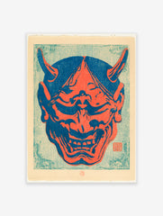 Japanese Oni mask illustration in bold red and blue colours, featuring sharp horns and bared teeth on a textured background