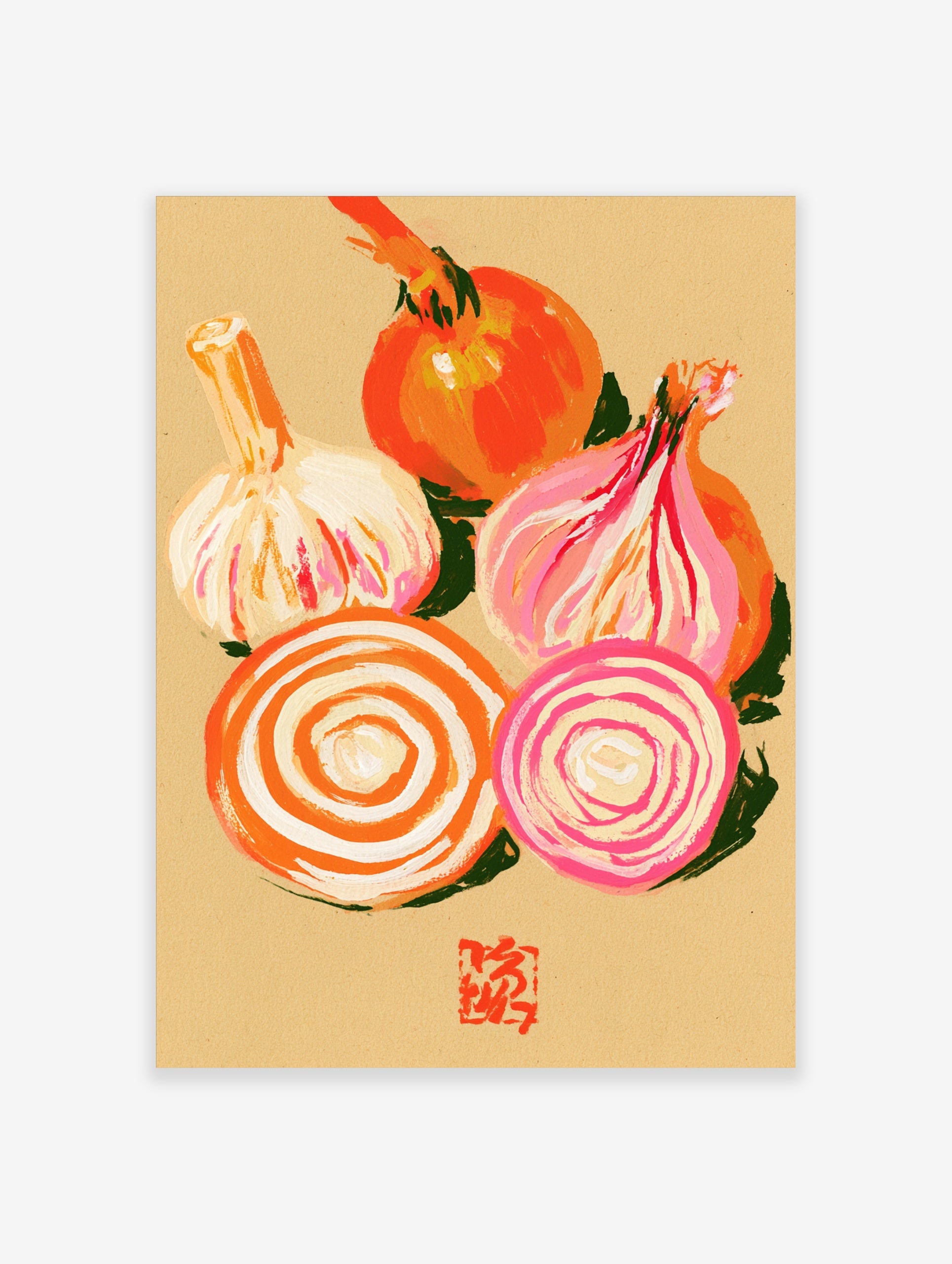 Illustrative print of a whole onion, garlic bulb, and onion slices in orange and pink tones on a tan background