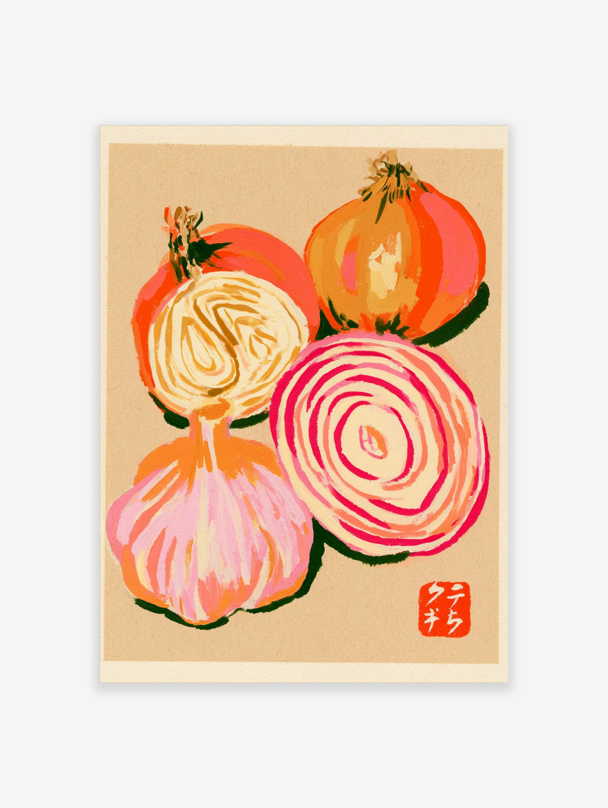 Stylised onion and garlic illustration on textured tan paper with a red artist stamp detail
