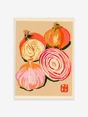 Stylised onion and garlic illustration on textured tan paper with a red artist stamp detail