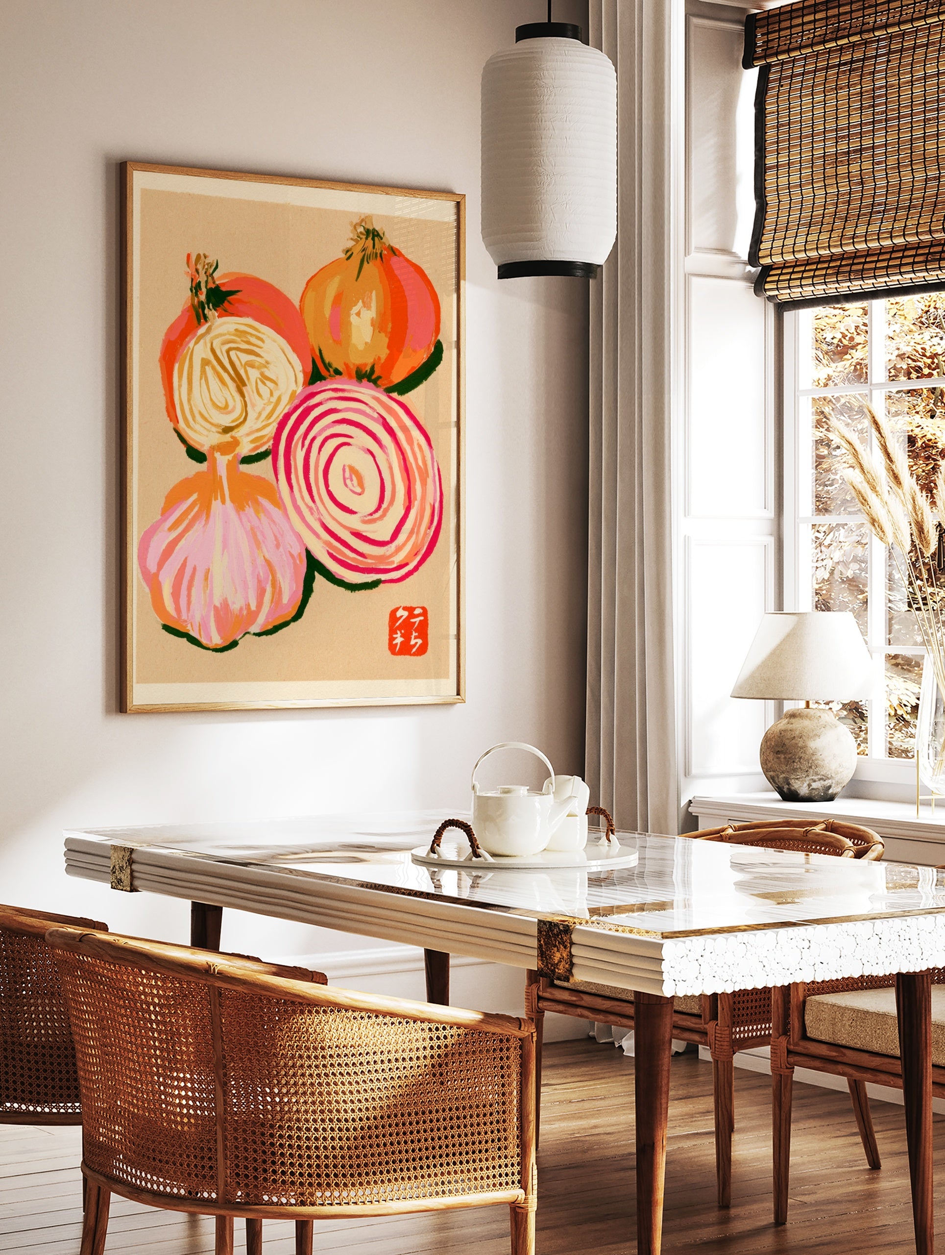 Stylised onion and garlic illustration on textured tan paper with a red artist stamp detail, in a styled room mockup