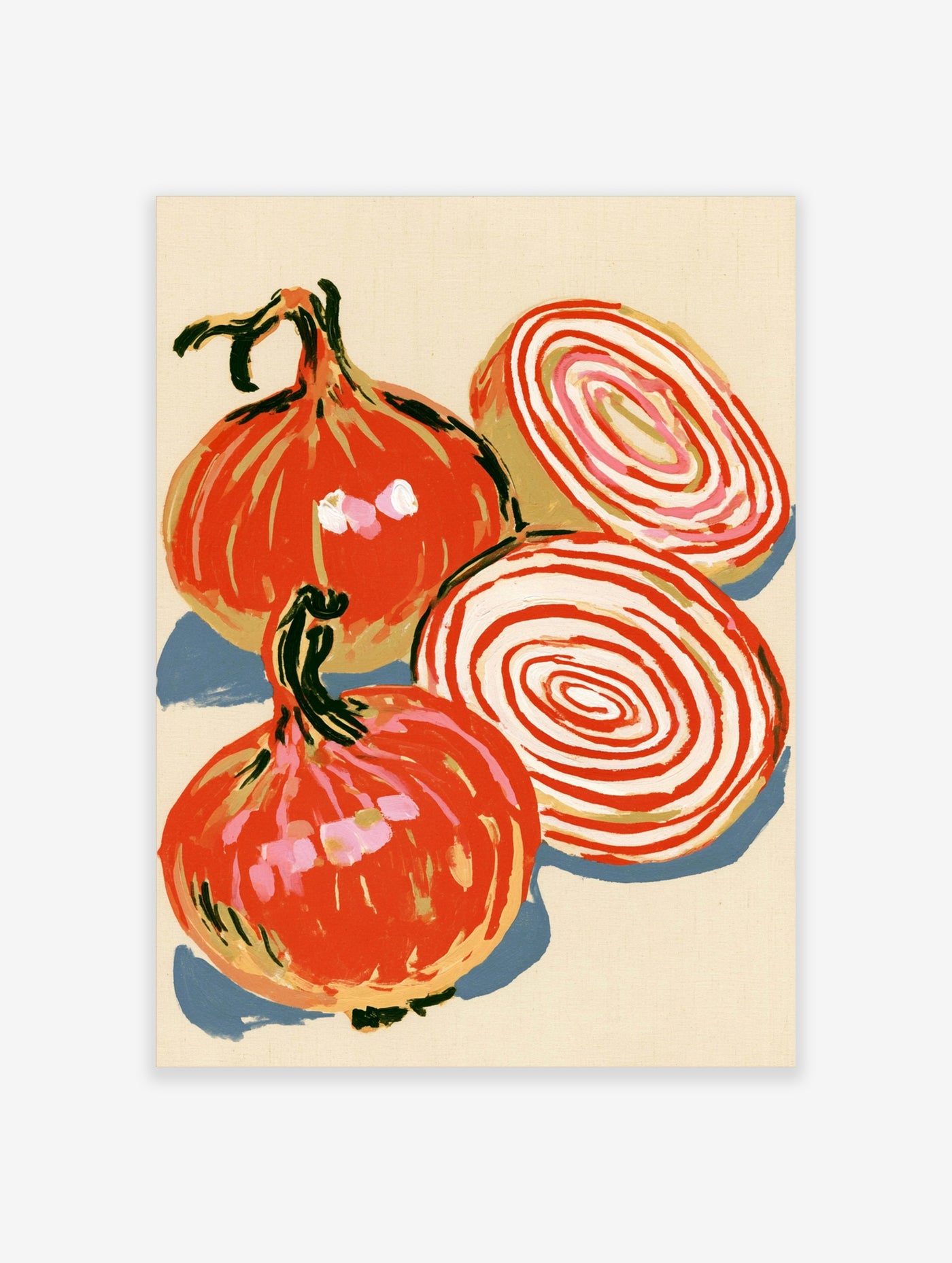 Illustrative onion wall art with whole and sliced red onions on a neutral background