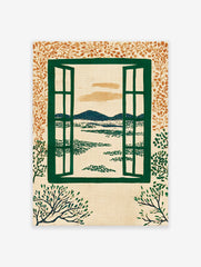 Open window landscape wall art illustration with green window frame, blue mountains, green trees, and orange leafy border.