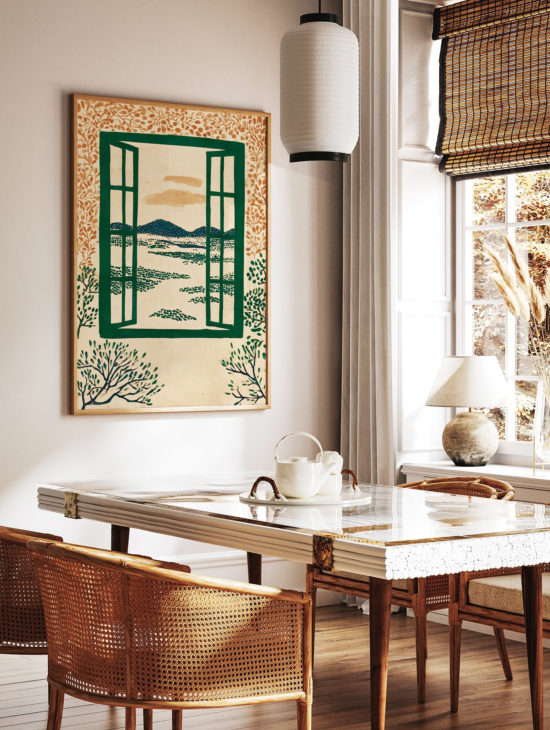Open window landscape wall art illustration with green window frame, blue mountains, green trees, and orange leafy border. - Image 2