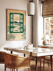 Open window landscape wall art illustration with green window frame, blue mountains, green trees, and orange leafy border. - Image 2