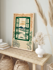 Open window landscape wall art illustration with green window frame, blue mountains, green trees, and orange leafy border. - Image 3